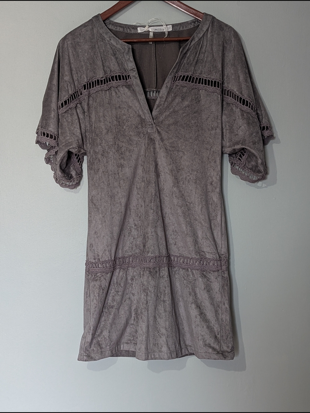 Miilla Women's Faux Suede Grey Boho Tunic Dress Ladder Lace Trim Rustic Romantic